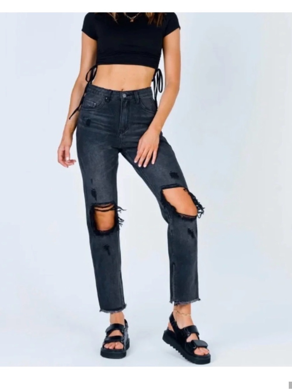 Princess Polly Erissa Knee Rip Jeans Black Distressed Straight Leg Size 12